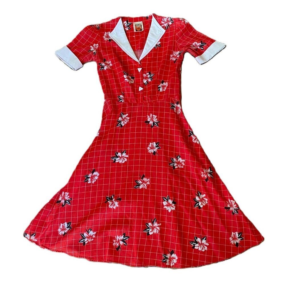 Vintage retro style midi dress floral and checkered print vibrant red